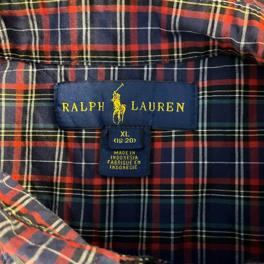 Ralph Lauren Blue and Red Checked Cotton Long Sleeve Button Down Size XL (Boys)